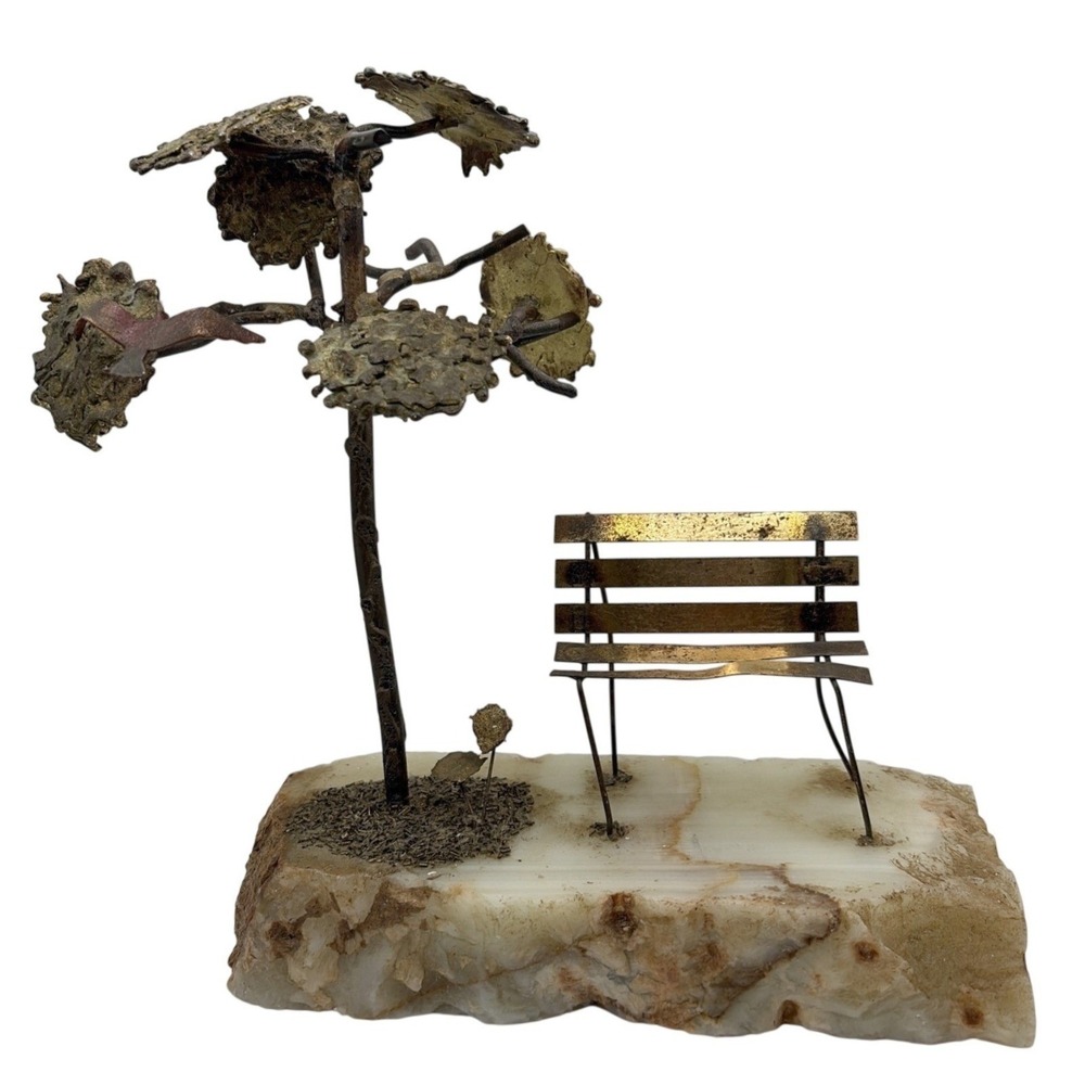Brutalist Art Metal Cypress‎ Tree Bench Sculpture On Marble Vintage Torched